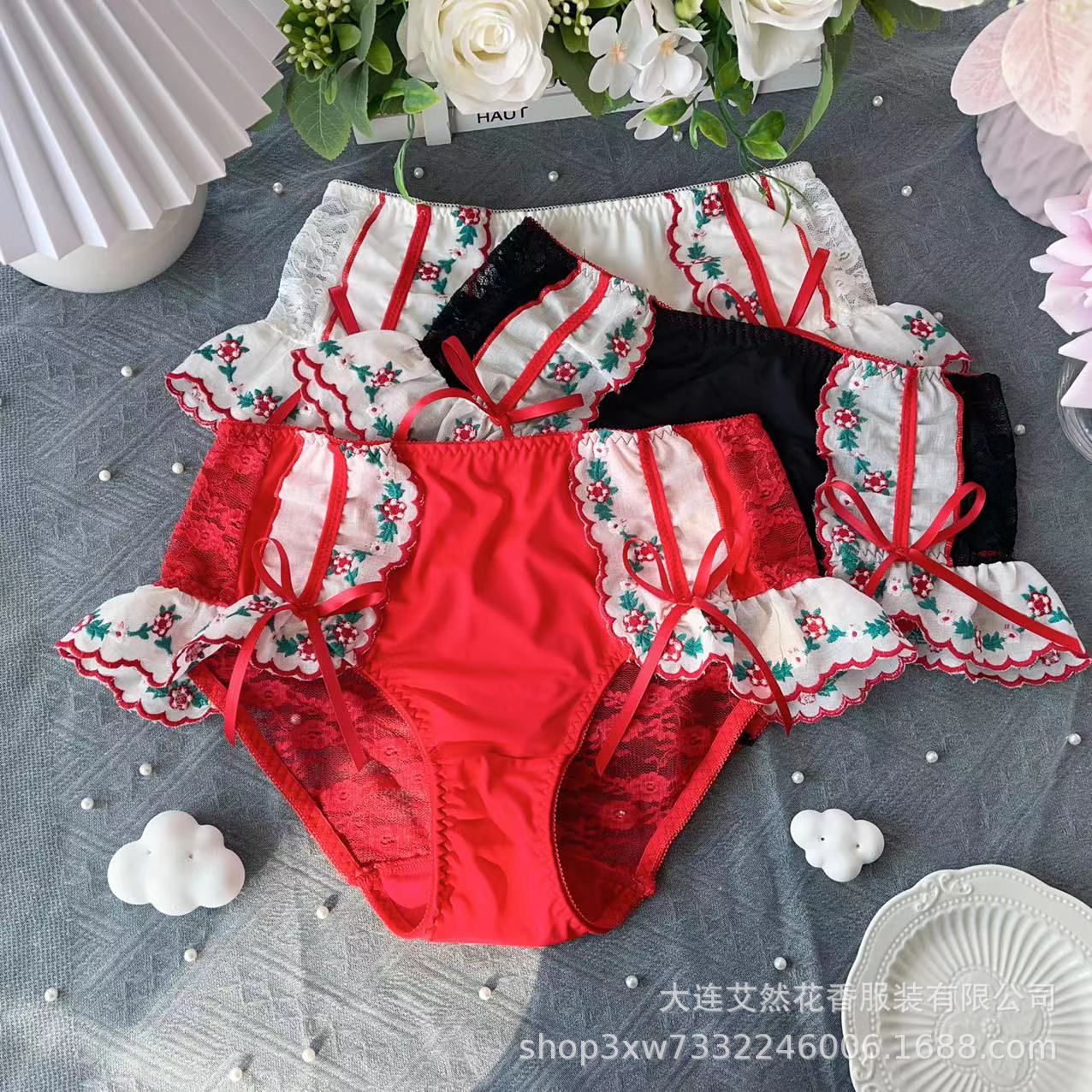 Fabricante al por mayor arco japonés bordado encaje dulce seductor hueco pantalones íntimas sexy