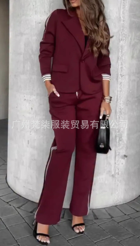 2025欧美跨境亚马逊时尚新款罗纹拼接外套休闲长裤通勤两件套套装|undefined