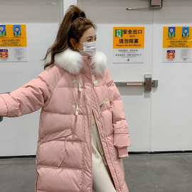 粉色羽绒棉服女中长款2023冬季新款设计感宽松加厚大毛领棉衣外套