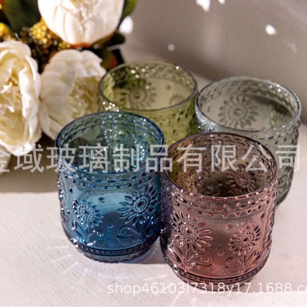 Taza de agua de vidrio con patrón de color de flor de sol en relieve retro al por mayor, taza de jugo de leche para el hogar de girasol, taza de bebida fría