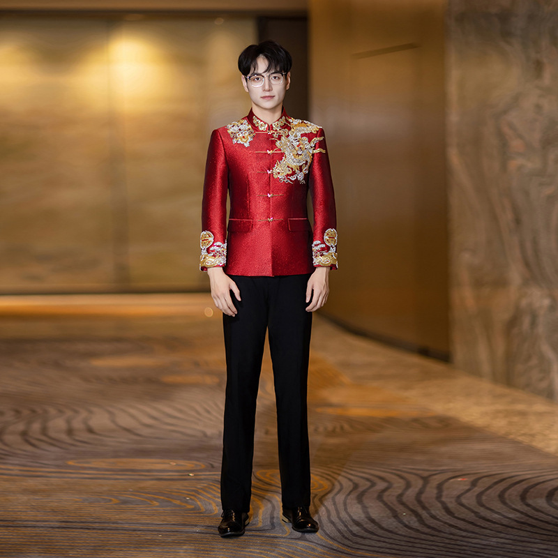 New Red Men's Engagement Suit, New Chinese-Style Suit, Groom's Wedding Attire, Wedding Dress, and Suit for Meeting the Bride