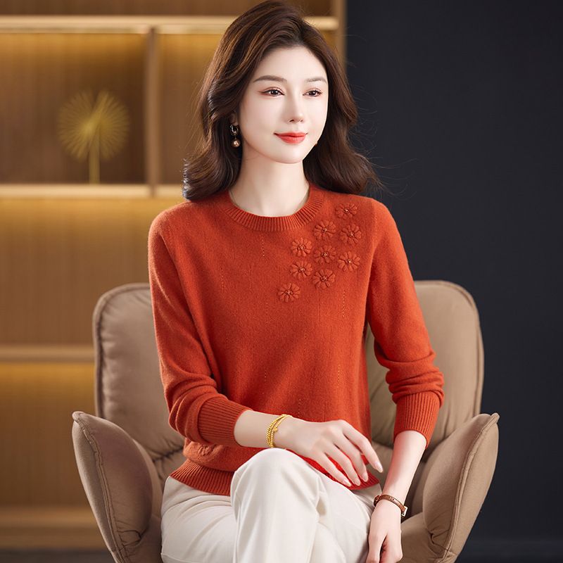 100 Pure Wool Women's Spring & Fall New Loose Soft Waxy Round Neck Sweater Middle-Aged Mother Embroidered Knitted Bottoming Top