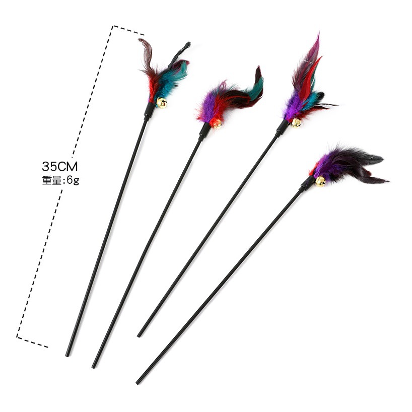 En stock al por mayor colorido pluma campana corta varilla divertida gato palo largo pluma gato juguete PVC auto-Hola gato juguete