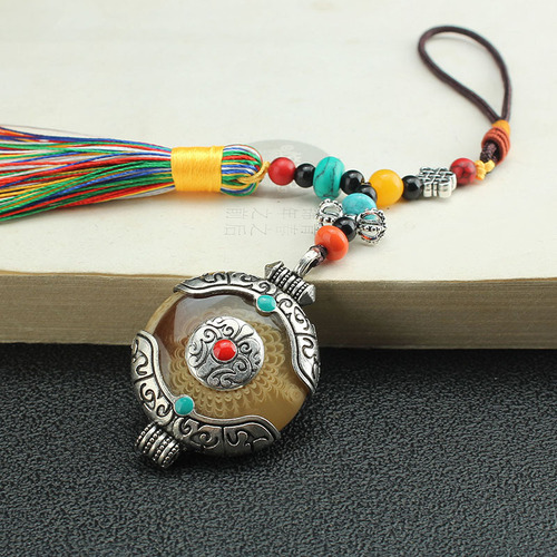 Retro Ethnic Creative Tibetan Alloy Car Ornament with Tassels, Car Air Freshener, Scenic Area Gift, Decorative Hanging Accessory