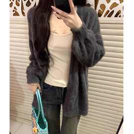 慵懒风时尚仿貂毛衣外套秋冬新款宽松长袖针织开衫百搭上衣女外穿