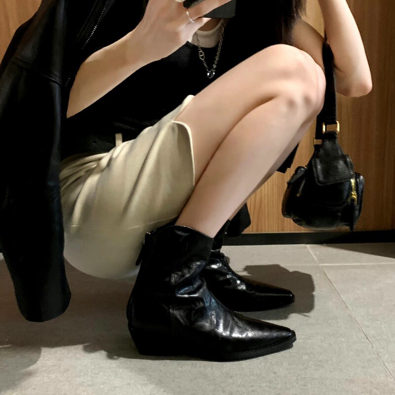 牛皮版~时髦尖头V口显瘦粗跟皱感西部短靴女真皮马丁靴单靴小踝靴|undefined