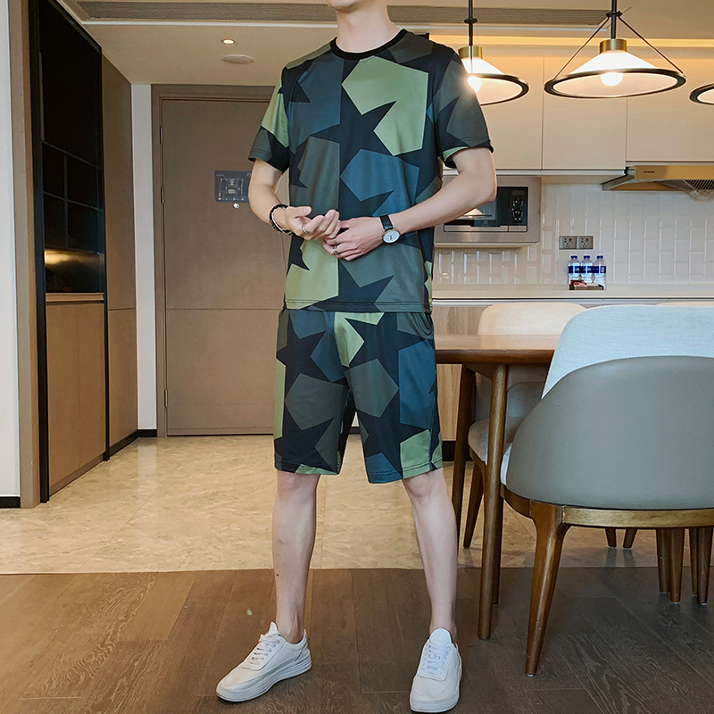 抖音同款冰絲運動套裝男夏季男士短袖T恤跑步健身兩件套休閑男裝