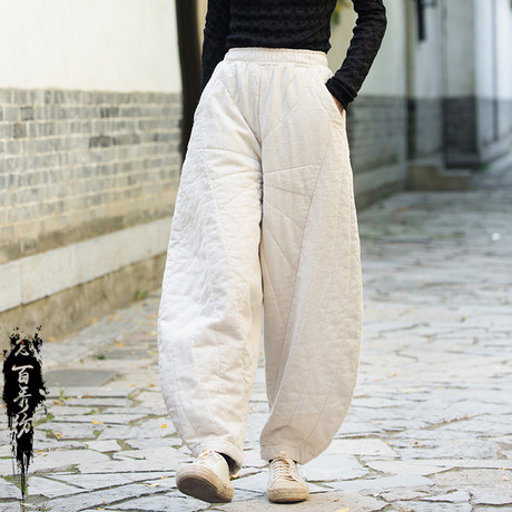 24冬女装灯笼裤新款苎麻棉砂洗对称绗缝夹棉加厚长裤宽松女式棉裤