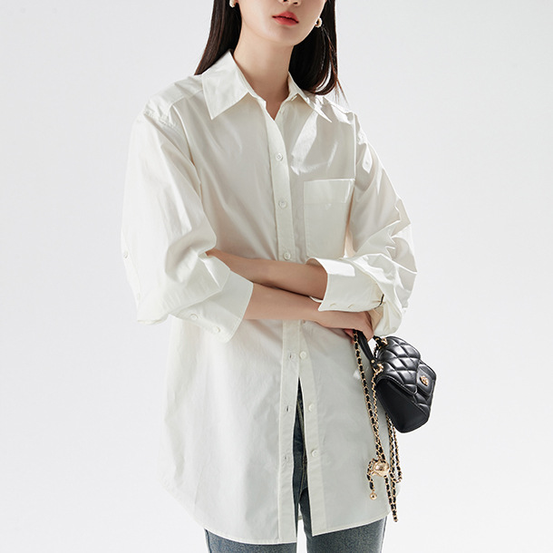 2023 Spring New Women's Cotton Soft Light Shirt Collar Simple Fashion White Blue Long Sleeve Shirt