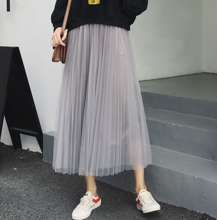 Mesh Skirt 2023 Four Seasons ins High Waist Slimming Simple Korean Style Mid-length Fairy A- line Large Swing Skirt