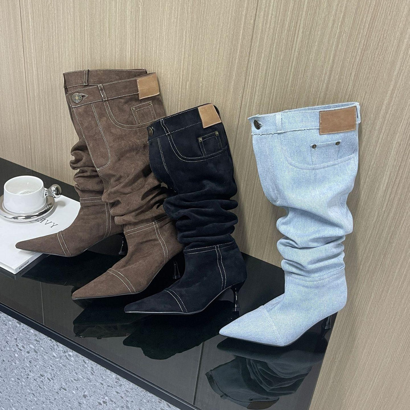 Europe and the United States 2024 autumn and winter new fashion western wear high tube denim fashion boots pointed high heel knee boots