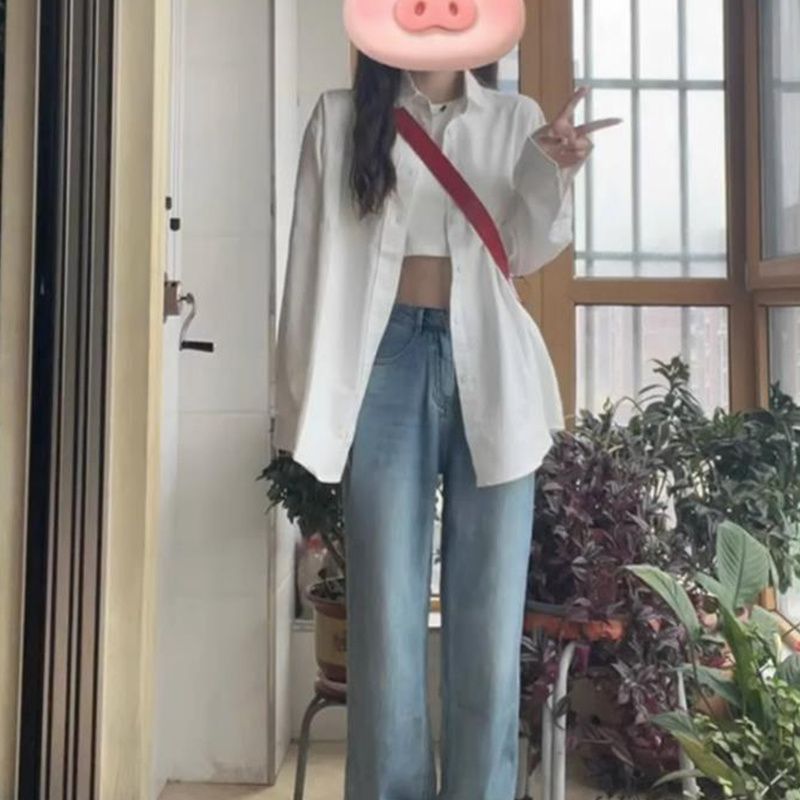 화이트 셔츠 여성의 봄과 가을 한국식 느슨한 학생 셔츠 틈새 디자인 하이 엔드 외부 카디건 재킷 탑