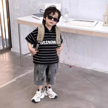 夏日新款男童条纹字母短袖上衣韩系儿童泼墨超酷小童七分裤两件套
