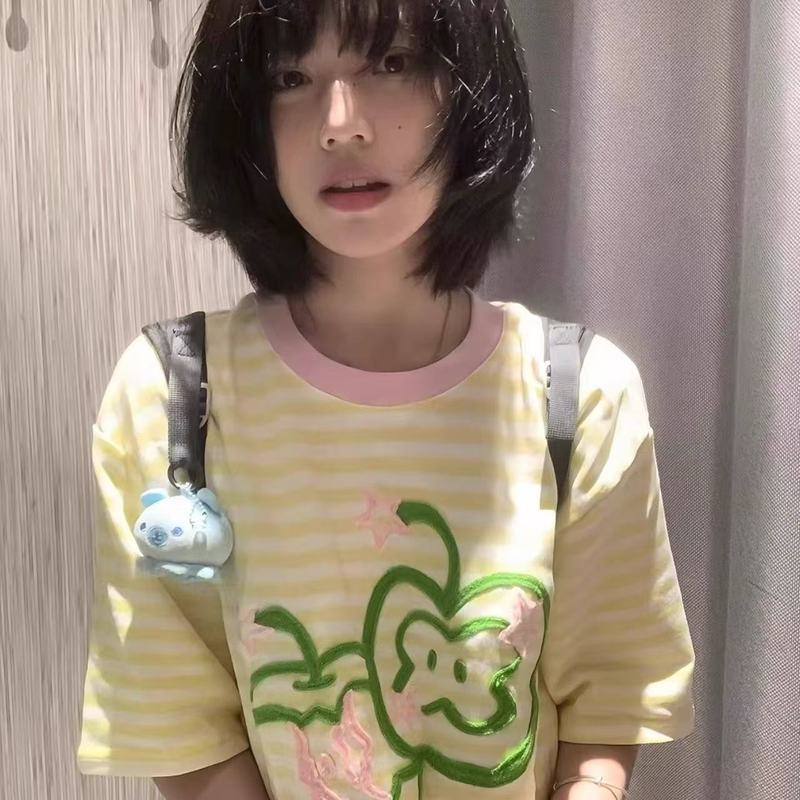 小柄なアップル刺繍キャンパスストライプ半袖Tシャツレディース2025年夏新作ゆったりスリムカジュアルスタイルトップス|undefined