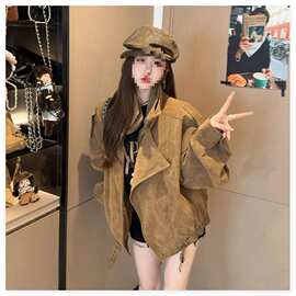 美拉德仿麂皮绒机车服外套女秋季休闲宽松翻领廓形工装夹克上衣