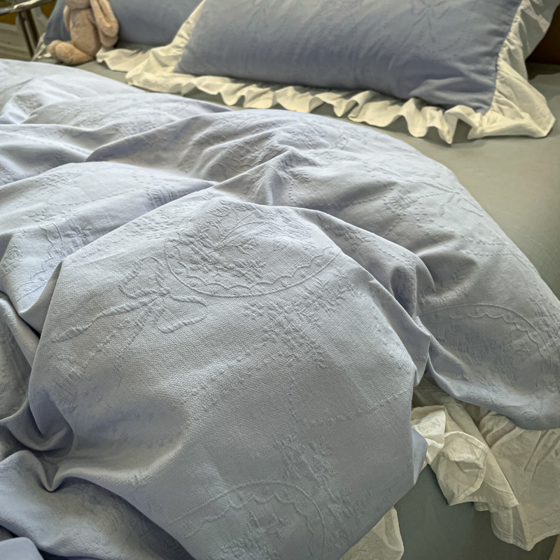 公主风荷叶边水洗棉四件套少女心花边小清新蓝色被套双人床单|undefined