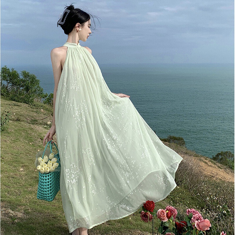 Guofeng dress Long Dress and Ankle Cheongsam Modified Loose Sleeveless Large Skirt Mint Mung Bean Green Floral Chiffon Guofeng dress Long Dress and Ankle Cheongsam Modified Loose Sleeveless Large Skirt Mint Mung Bean Green Floral Chiffon