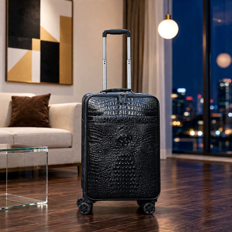 2026 New Cross-Border Direct Sales Genuine Leather Men's Crocodile Pattern Trolley Case, Stylish and Versatile, 20-inch Travel Suitcase with Universal Wheels