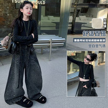 女童美式满天星烫钻拼接加绒牛仔裤2026秋冬新款宽松春秋阔腿裤潮