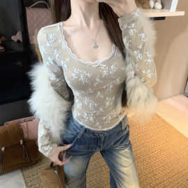 板栗可可Bankelili'柔软冬日'纯欲内搭磨毛长袖女秋冬百搭蕾丝边