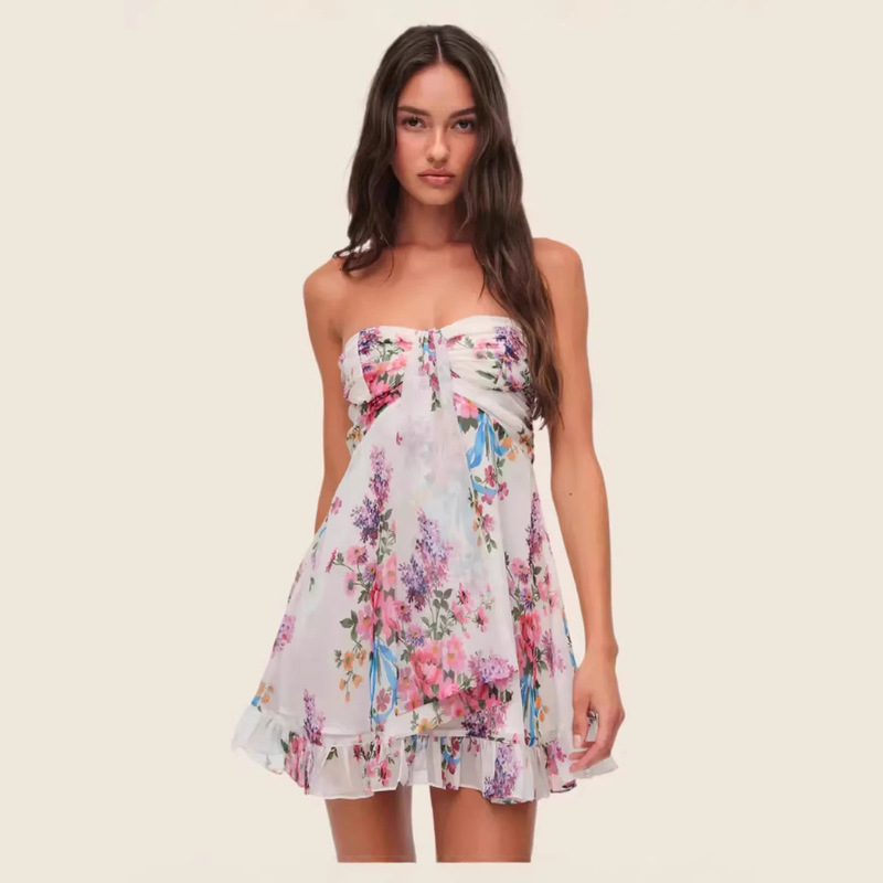 European and American 2026 New Cross-Border Women's Fashion Sexy and Elegant Floral Strapless Chiffon Ruffle Slimming Waist Dress European and American 2026 New Cross-Border Women's Fashion Sexy and Elegant Floral Strapless Chiffon Ruffle Slimming Waist Dress