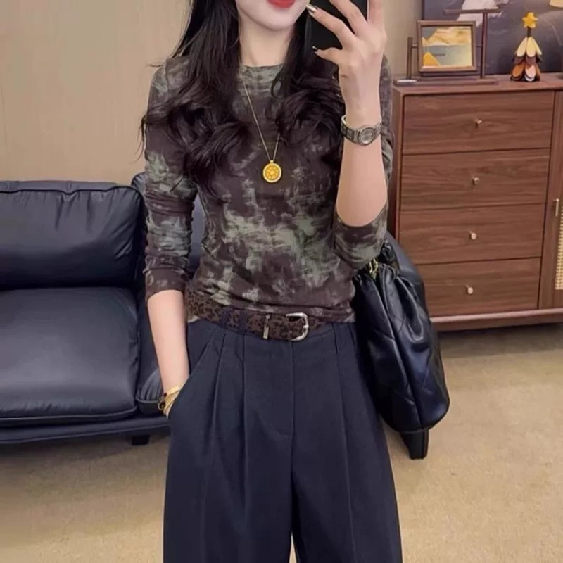 Stylish tie-dye long-sleeve T-shirt for women, autumn casual style, new slim-fit versatile base shirt for women A14143