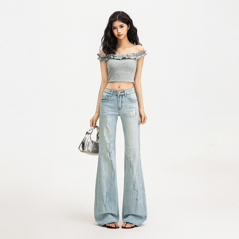 2026 verano nuevo azul claro de cintura alta micropantalones jeans de tamaño grande rectas delgadas pantalones de agujero de moda