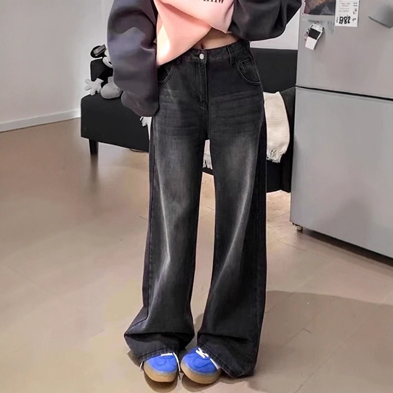 Narrow Straight Black Jeans for Women, Summer High-Waisted Slimming Wide-Leg Loose Denim Straight Pants for Women