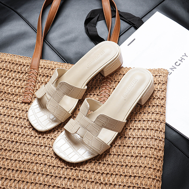 Chunky Heel Slippers for Women, Versatile for Summer 2026, High-Heeled Fashion Breathable Sandals with Crocodile Pattern