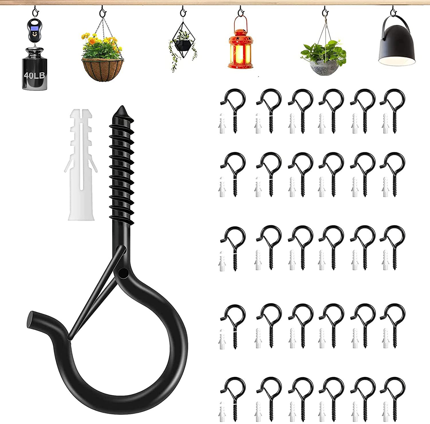 Multiple Q-hook screw hooks with safety buckle and expansion tube for hanger hanging outdoor indoor decoration