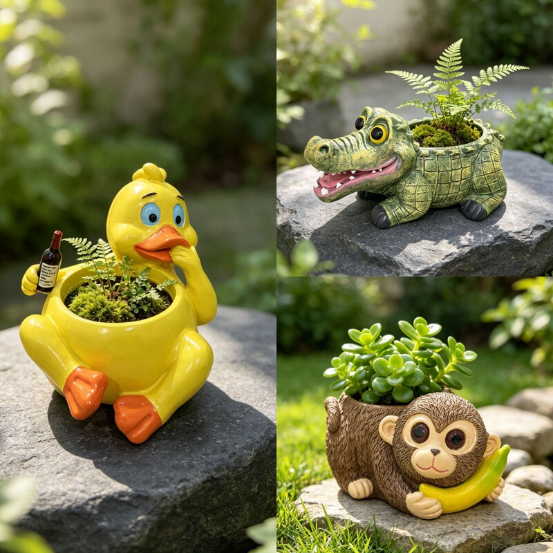Cross-border hot-selling new product: fun animal-shaped flower pots, resin handicrafts, decorative pieces with a high-end feel, and unique, niche-style decorative items for wholesale