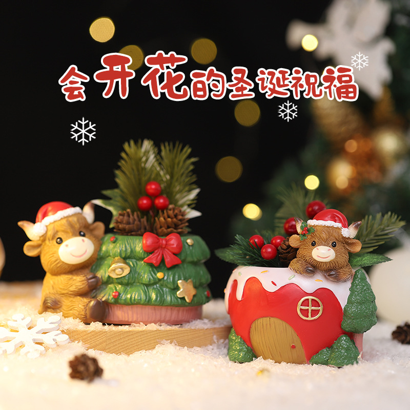 Chậu Cây Resin Chậu cây mọng nước hình bò Highland Giáng Sinh resin, chậu mini phong cách Bắc Âu, trang trí sân vườn (RG-204)