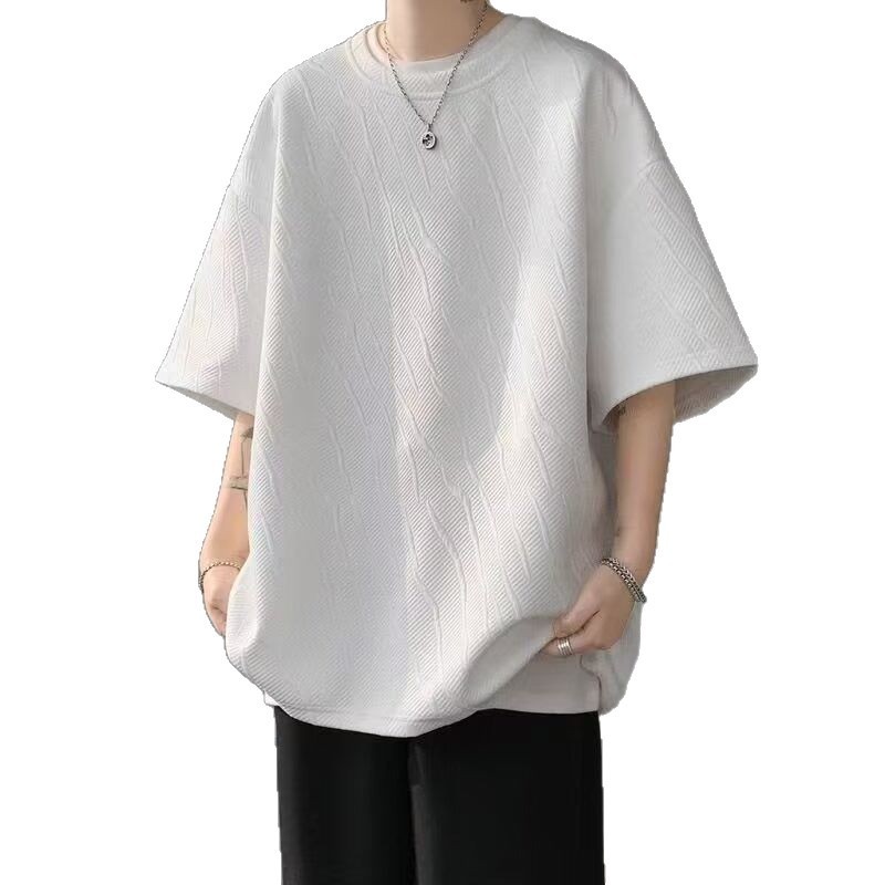 新しいジャカード半袖Tシャツメンズ2025夏トレンディハンサムイン多用途ルーズテクスチャードラウンドネックハーフスリーブ|undefined