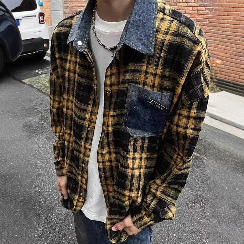 American Style Vintage Denim Collar Patchwork Plaid Shirt Men's Long-sleeved Laid-back Spring and Autumn Loose Casual All-match Jacket
