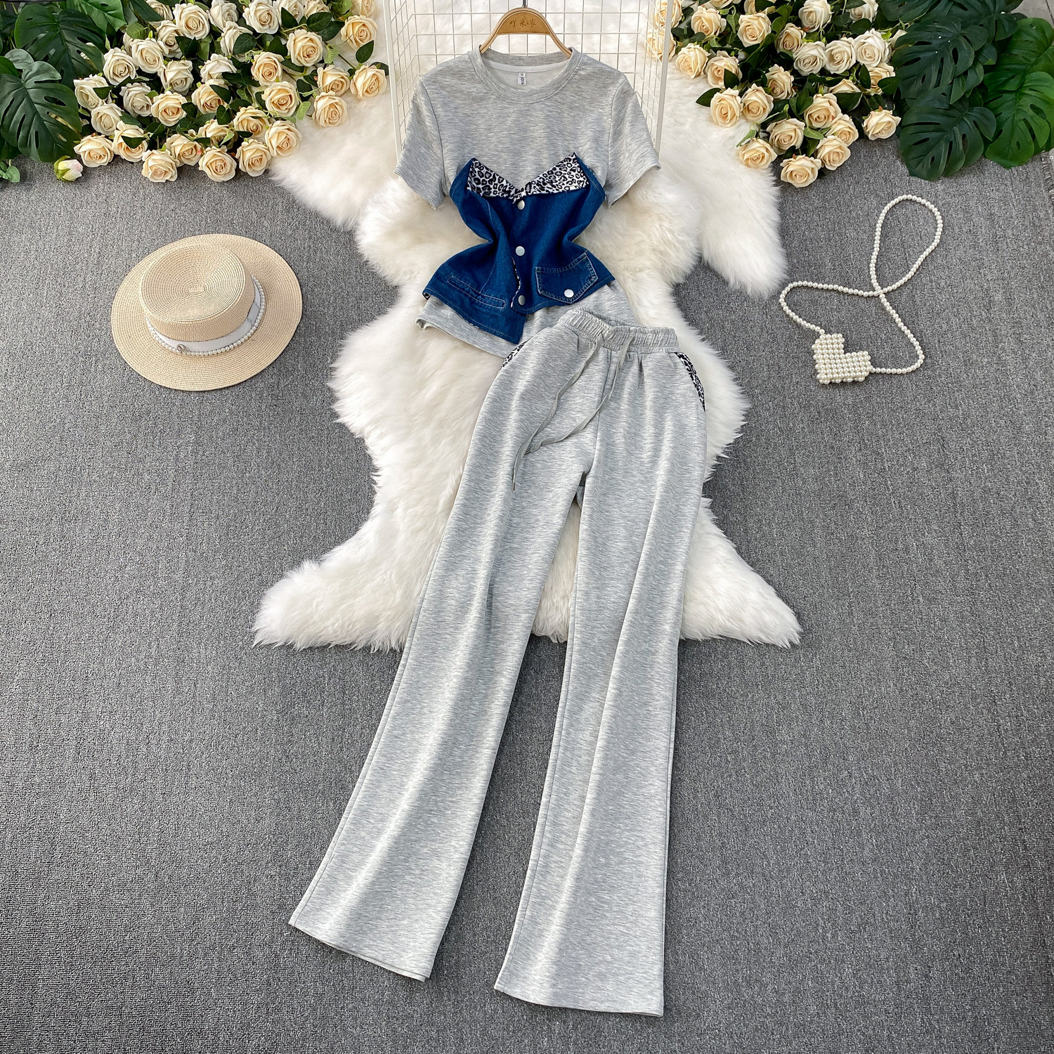Women's Two Piece Set Denim Short Sleeved Top High-Waisted Slim Straight Leg Pants Fashion Slimming Wide Leg_ecoleips.com