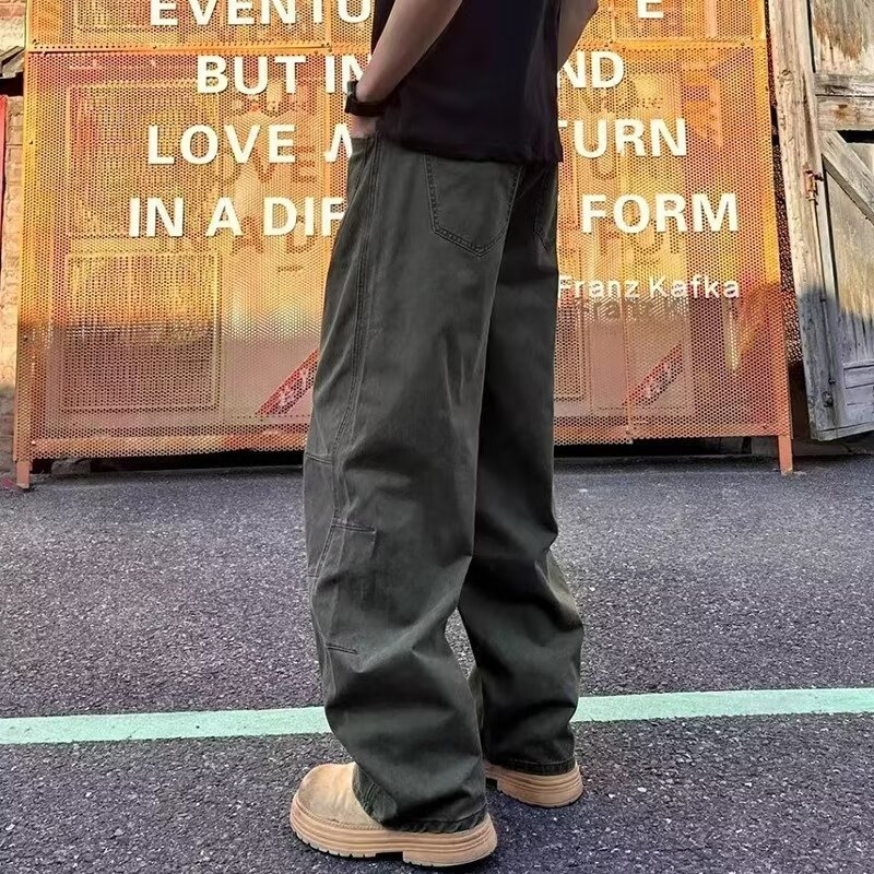 直筒宽松小众设计感休闲弯刀裤美式复古皱折阔腿多口袋工装裤男女|undefined