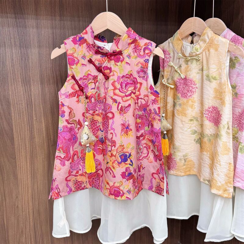 女の子の新しい中国風の古代スタイルのチャイナドレス 2025 夏服子供の偽ツーピースベスト漢服スカートと香りの袋|undefined