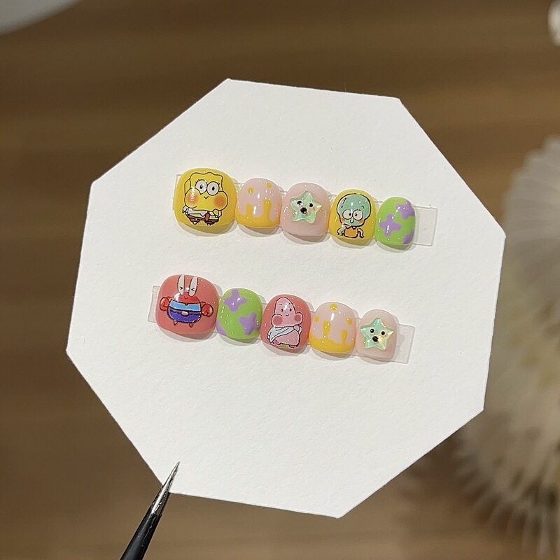 A Set of Sponge Star-Shaped Children's Nails with Cartoon Characters from Bikini Bottom, Hand-Painted Style Wearable Nails A Set of Sponge Star-Shaped Children's Nails with Cartoon Characters from Bikini Bottom, Hand-Painted Style Wearable Nails