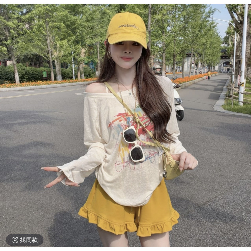 Xiaoxi Clothing's New Summer Style Lazy Sun Protection Cover-Up Casual Printed Off-Shoulder Loose T-Shirt 2316 + Shorts Set Xiaoxi Clothing's New Summer Style Lazy Sun Protection Cover-Up Casual Printed Off-Shoulder Loose T-Shirt 2316 + Shorts Set