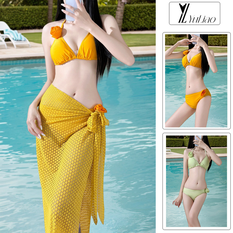 Chanel Style White Bikini Split Swimsuit Women's Long Dress Sexy Pure Style Camellia Beach Thailand