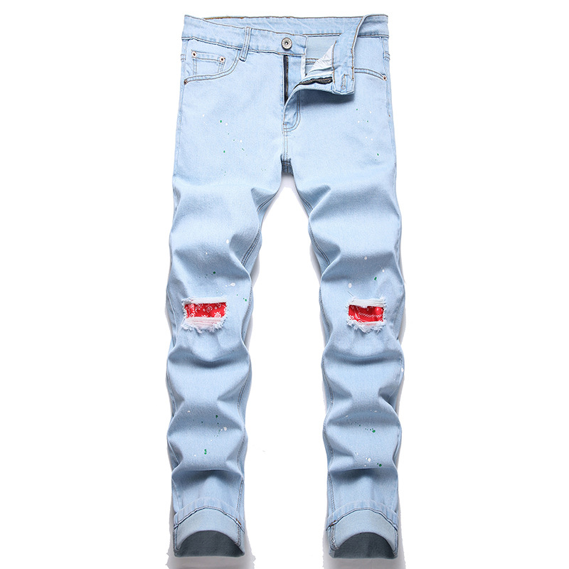 Men's Elastic Knee Ripped Patchwork Jeans New Denim Pants_mkmklike.com