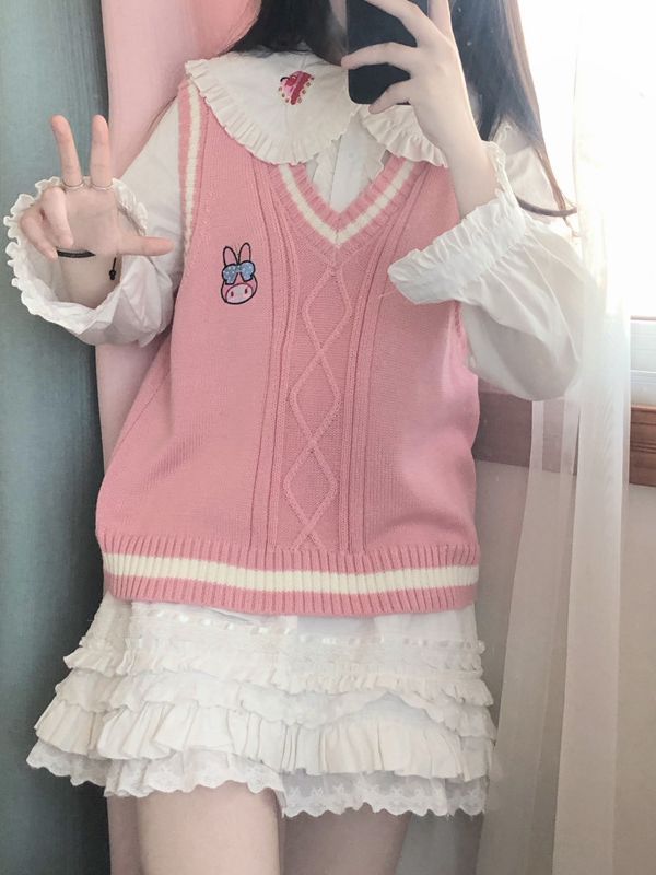 Pudín de Perro bordado de Primavera y Otoño Nueva JK Chaleco de punto de las mujeres chaleco overwear flojo estilo de la Universidad dulce suave glutinoso image 10