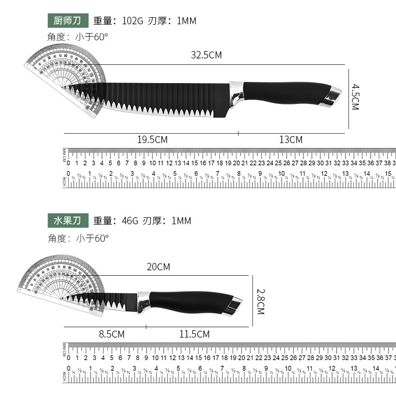 Yangjiang cuchillo de cocina negro doble cabeza galvanizada ondulada de tres piezas cuchillo de doble cara succión transfronteriza fuente directa fábrica al por mayor