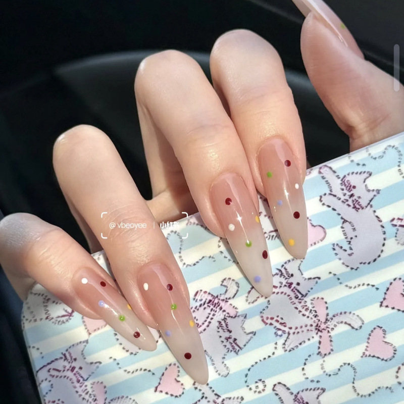 Summer Fresh and Simple Korean-Style Polka Dot Sweet Long Pointed Detachable Wearable Nail Art Stickers Finished Product Wholesale