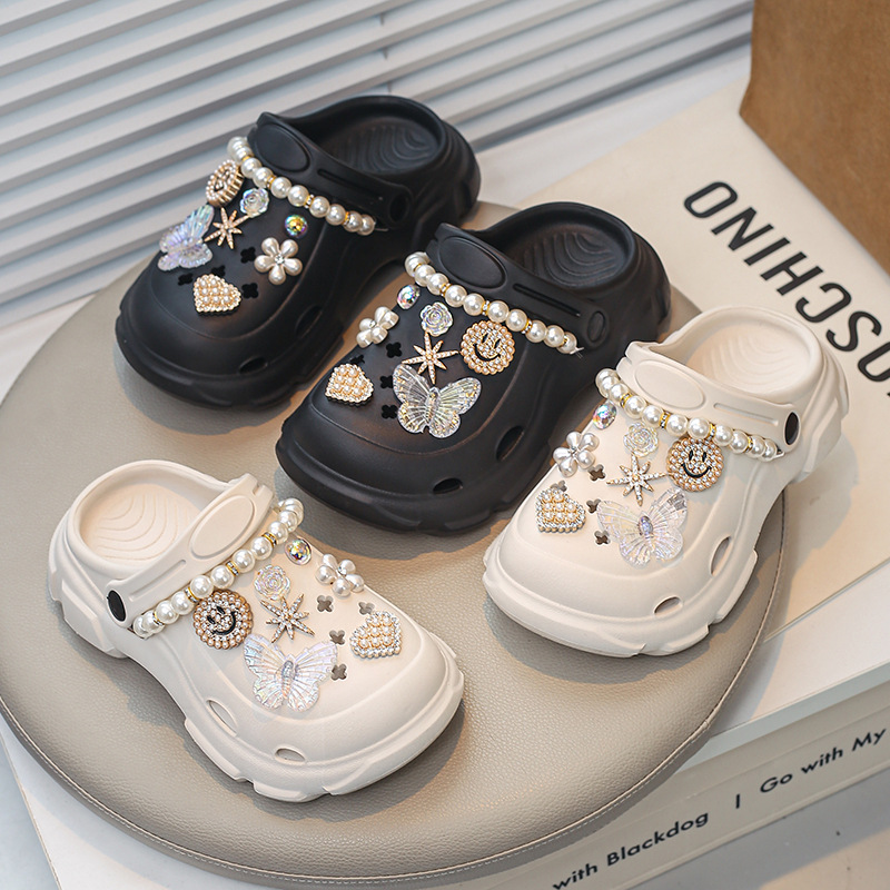 Cute Family Children's Adult 2025 Summer New Pearl Chain Clogs Soft Sole Non-Slip Closed-Toe Clogs