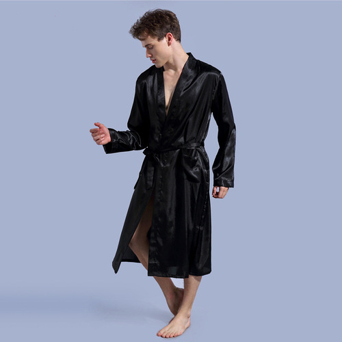 Cross-border men's solid color robe thin cardigan nightgown loose large size long sleeve spring and autumn glossy satin bathrobe