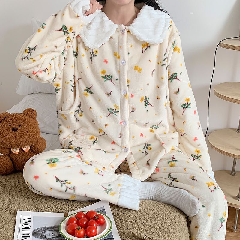 秋冬季法兰绒月子服加厚哺乳套装甜美娃娃领产后喂奶睡衣女家居服