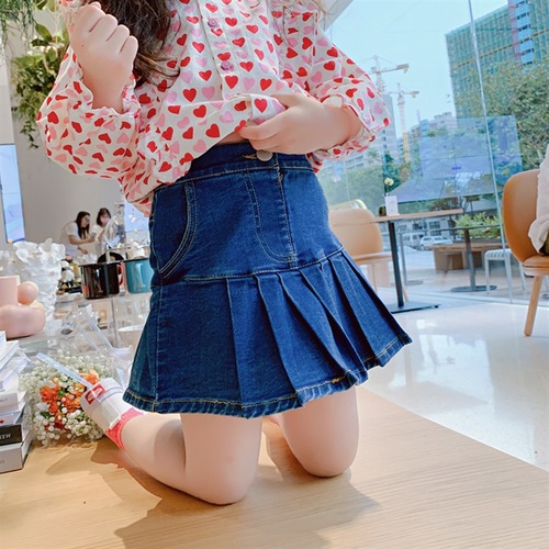 Flat Tou Ge Children's Clothing Girls' Stretch Denim Pleated Skirts  Spring New Style Baby Blue Skirt