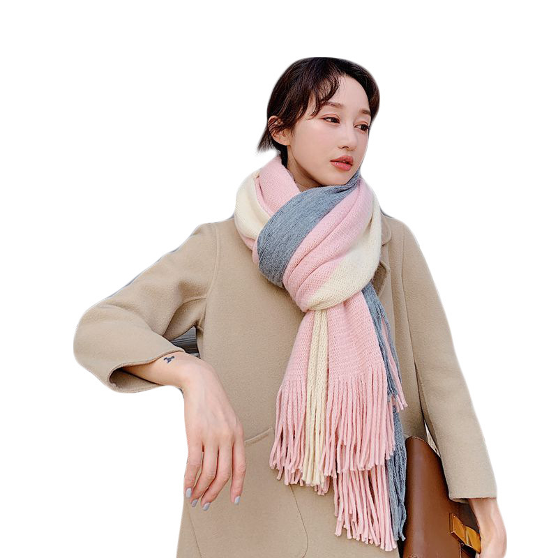 配色スカーフ レディース 秋冬 韓国風 新作 学生向け 多用途 ロング 厚手 ins風 保温 ニット ウール スカーフ|undefined