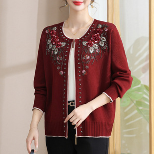 Heavy Embroidered Beaded Zipper Knitted Cardigan Loose Comfortable Mother Sweater Jacket Fashion Casual Versatile Top
